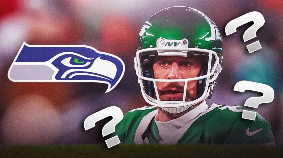 Aaron Rodgers on left. Seahawks logo on right. Question marks all around