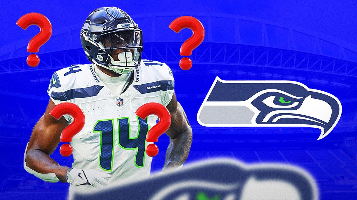 Seahawks WR DK Metcalf surrounded by question mark emojis. There is also a logo for the Seattle Seahawks.