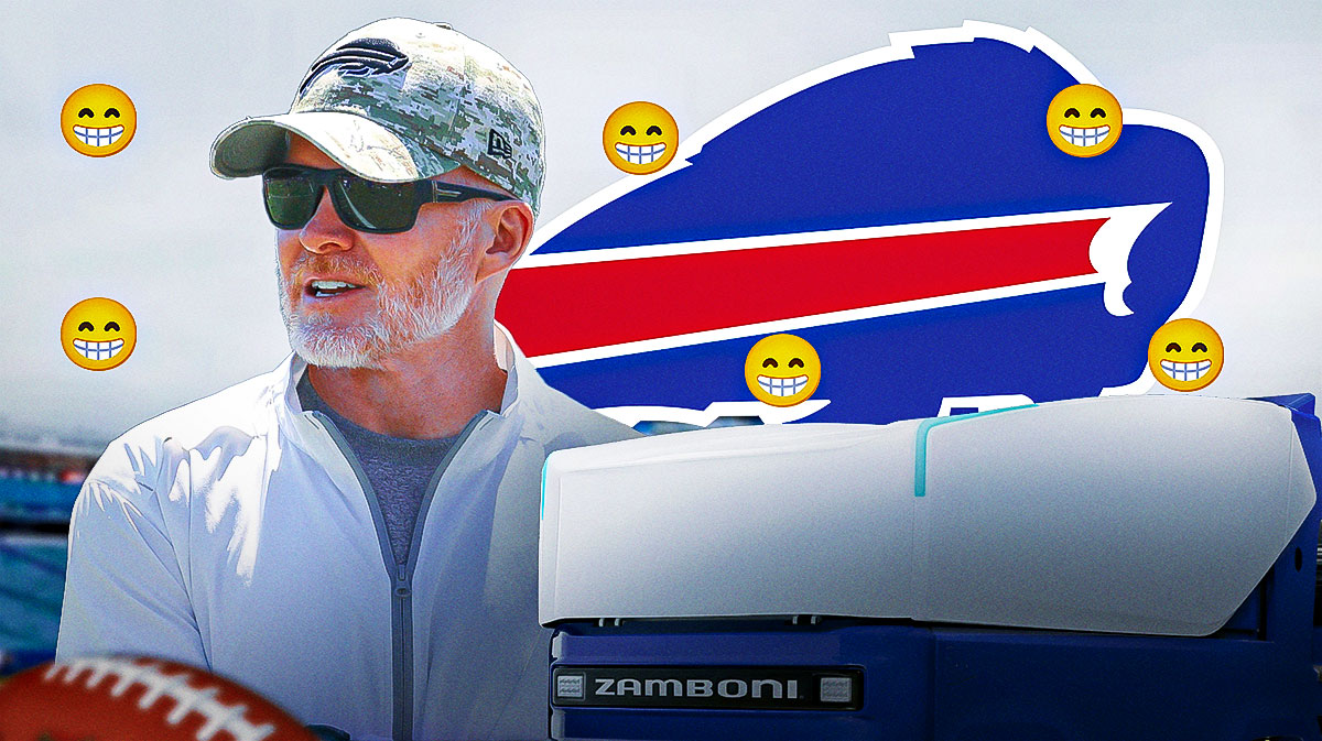 Buffalo Bills head coach Sean McDermott next to a zamboni. He is surrounded by grinning emojis (😁) The background of the image is KeyBank Center in Buffalo, New York. There is also a logo for the Buffalo Bills.