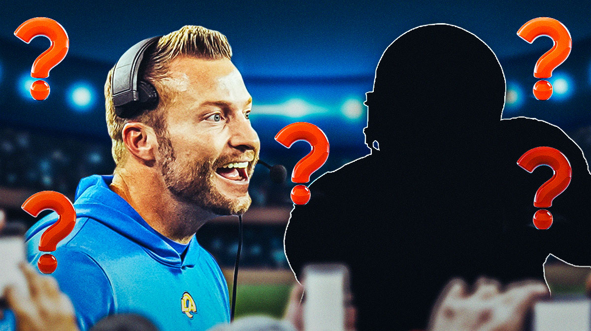 Rams head coach Sean McVay with question marks around him and a silhouette of an NFL quarterback