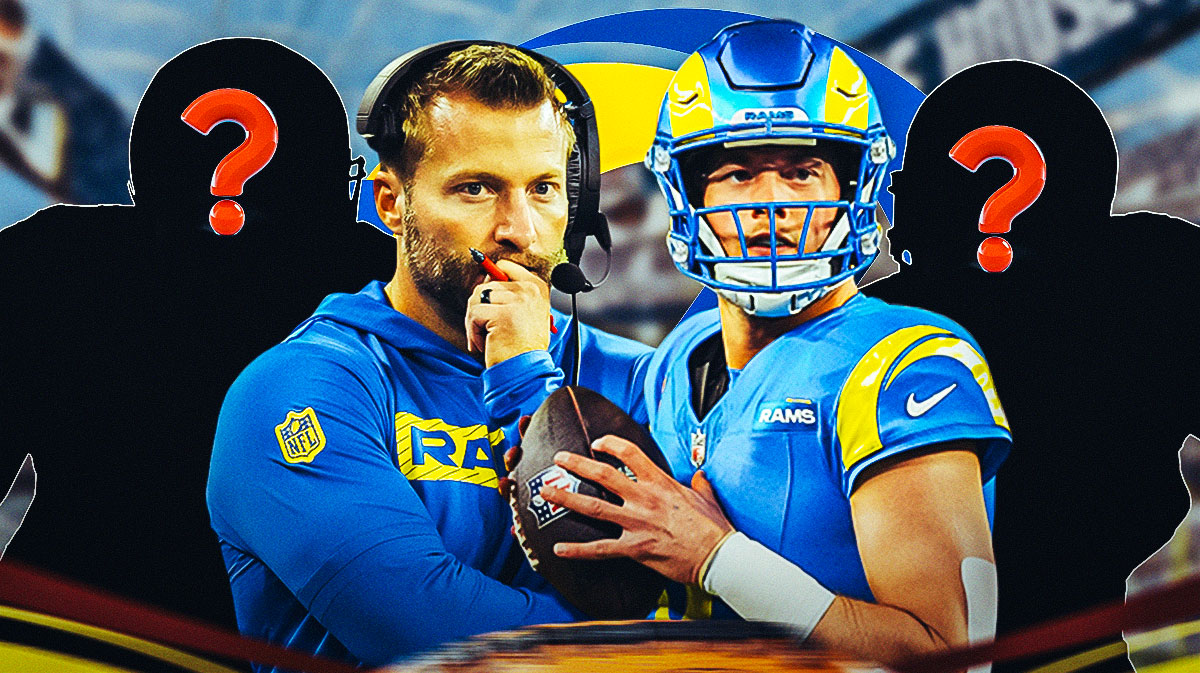 Los Angeles Rams head coach Sean McVay with QB Matthew Stafford and two silhouettes of American football players with big question mark emojis inside. There is also a logo for the Los Angeles Rams.