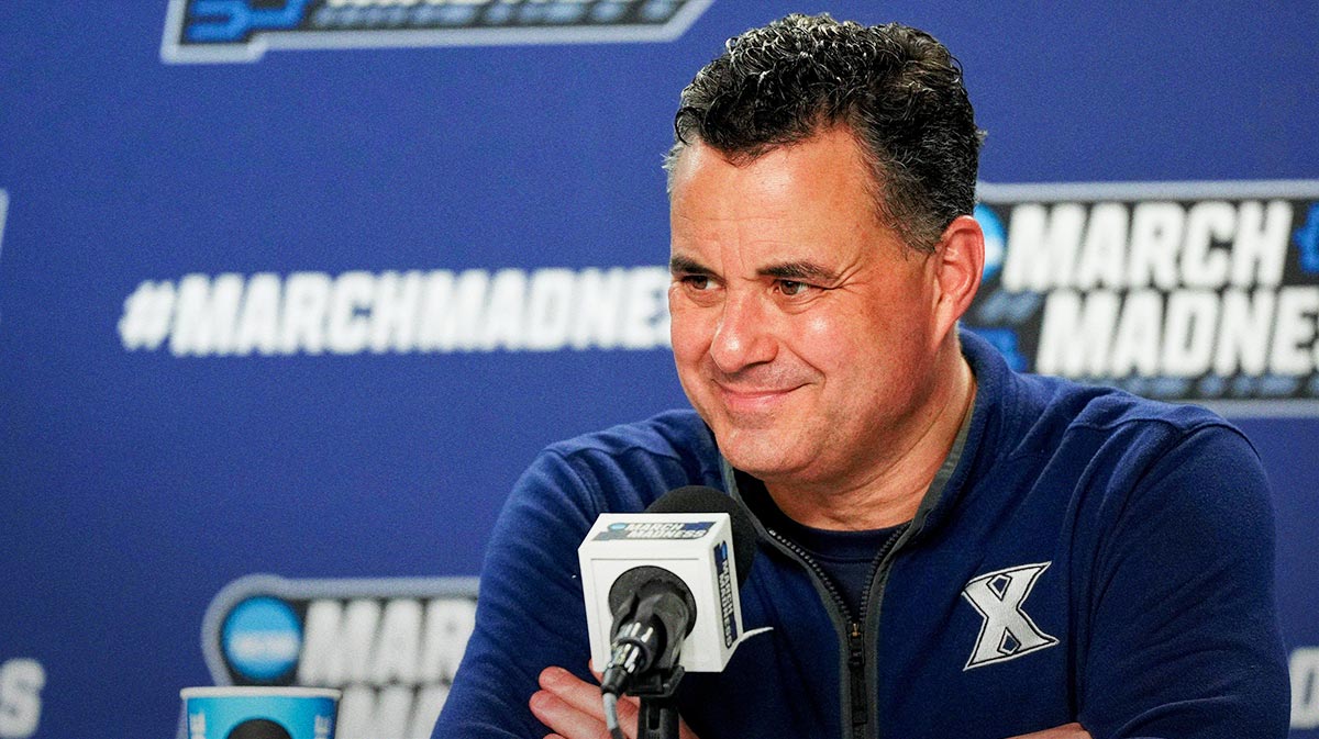 Xavier Musketeers head coach Sean Miller speaks in the post game press conference after the NCAA Tournament First Four game between the Xavier Musketeers and the Texas Longhorns at University of Dayton Arena in Dayton, Ohio, on Wednesday, March 19, 2025. Xavier advances with an 86-80 win over Texas, moving on to play Illinois in the first round.