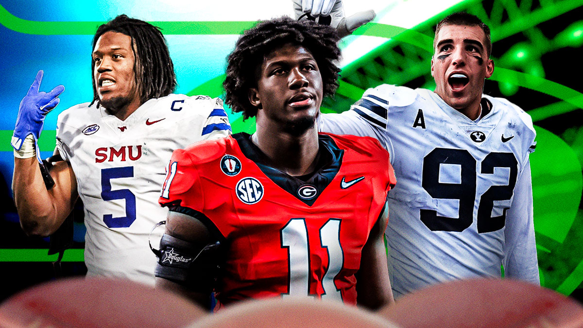 Jalon Walker (Georgia), Elijah Roberts (Ohio State), Tyler Batty (SMU) all beside each other, Seattle Seahawks wallpaper in the background