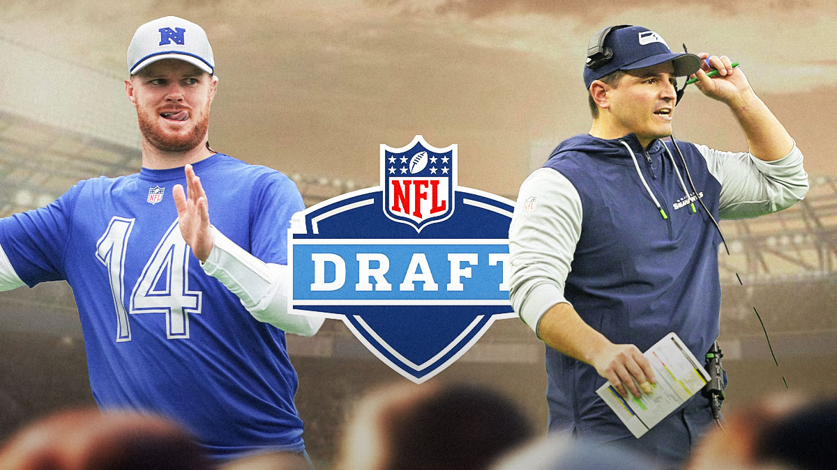 Sam Darnold on left. NFL Draft logo in middle. Seahawks coach Mike Macdonald on right