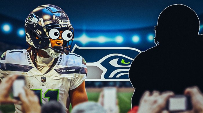 Seahawks logo in the middle. A silhouette wide receiver on the right. Jaxon Smith-Njigba on the left looking at it with googly eyes