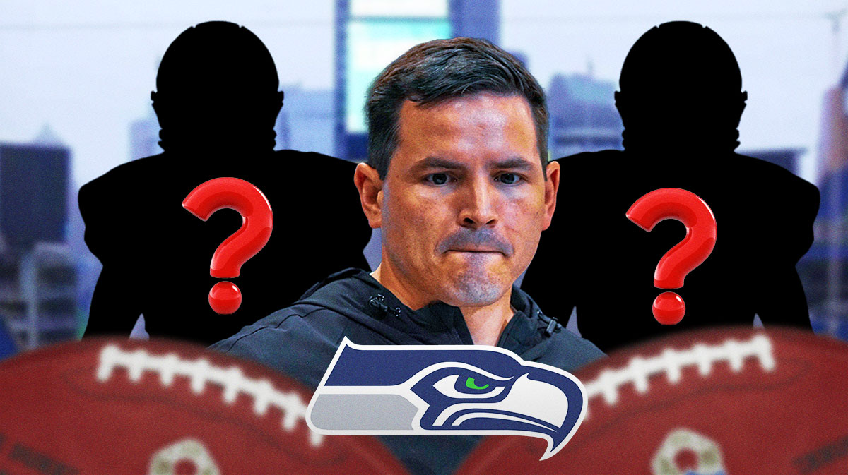 Seahawks head coach Mike Macdonald next to a silhouette of an American football player with a big question mark emoji inside. There is also a logo for the Seattle Seahawks.