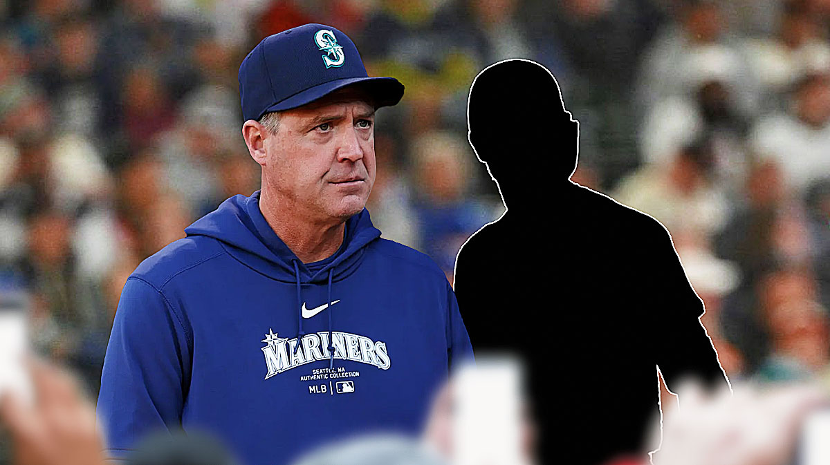 Dan Wilson as Mariners manager next to SILHOUETTE of Mitch Haniger