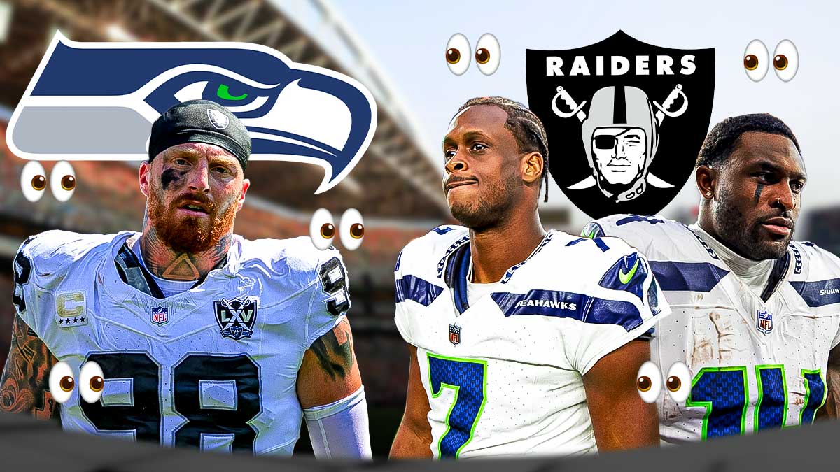 Seahawks logo above Raiders EDGE Maxx Crosby on one side. On the other side, a Raiders logo above Seahawks QB Geno Smith and WR DK Metcalf. Multiple 👀 emojis in background. Background is Lumen Field.