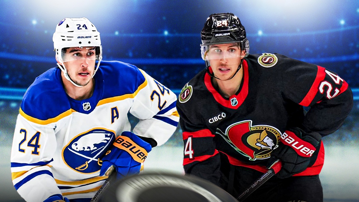 Dylan Cozens wearing a Sabres and Senators jersey.