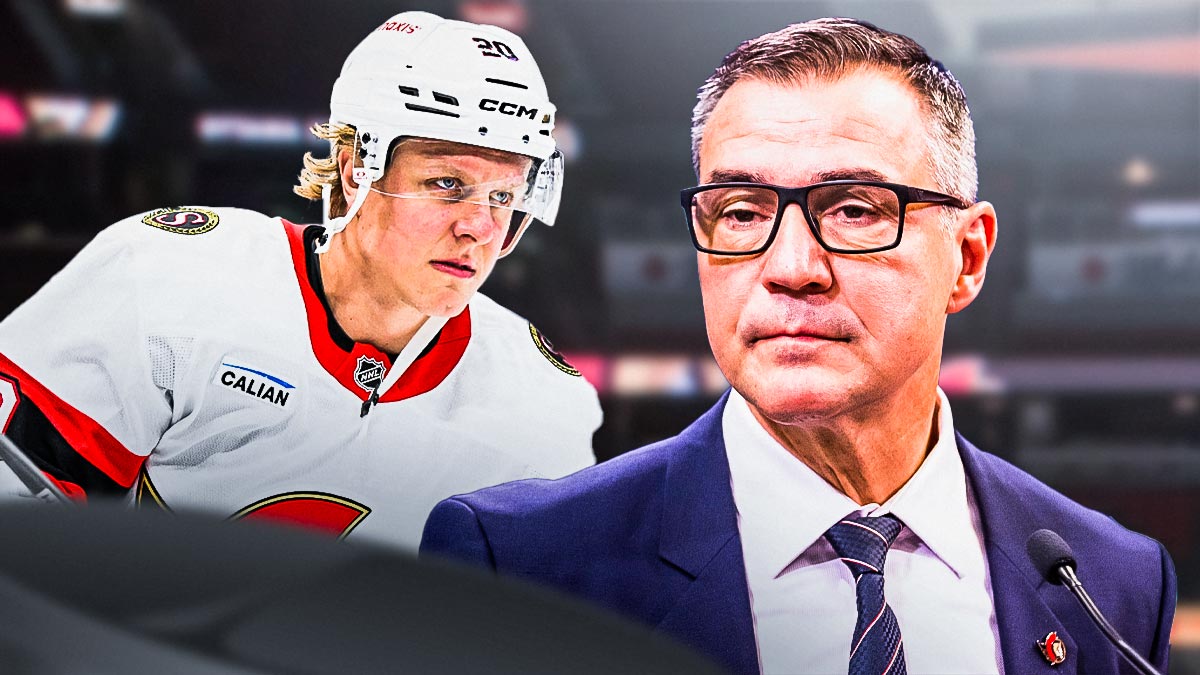 Ottawa Senators forward Fabian Zetterlund with GM Steve Staios. Canadian Tire Centre as the background image.