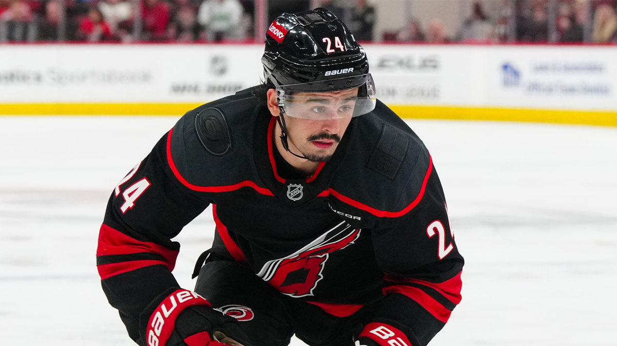 Carolina Hurricanes center Seth Jarvis (24) skates against the Tampa Bay Lightning during the third period at Lenovo Center.