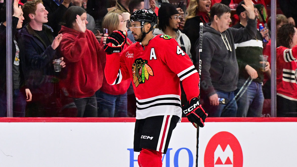 Chicago Blackhawks defenseman Seth Jones (4) celebrates his goal against the Nashville Predators during the second period at the United Center.