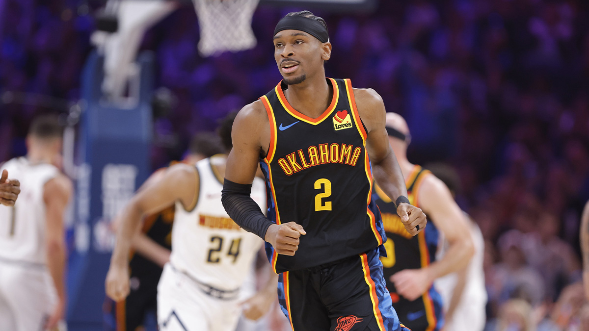 Oklahoma City Thunder guard Shai Gilgeous-Alexander (2) runs down the court after scoring against the Denver Nuggets during the second quarter at Paycom Center. 