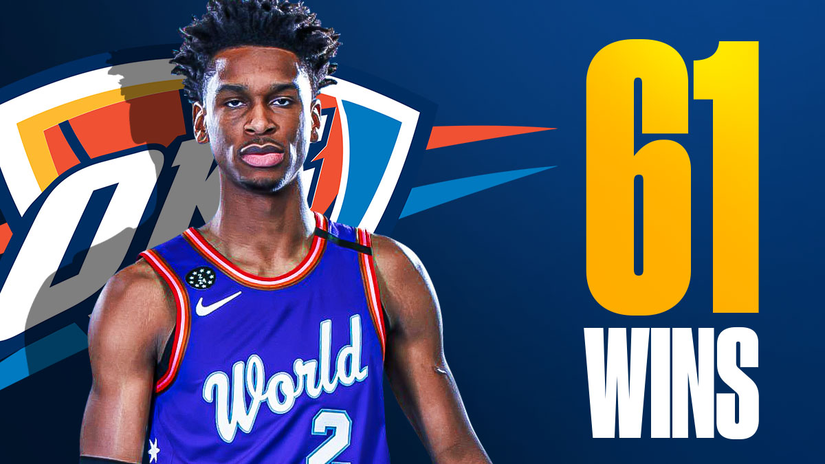 Thunder All-Star Shai Gilgeous-Alexander next to the Thunder logo with 61 WINS in the background