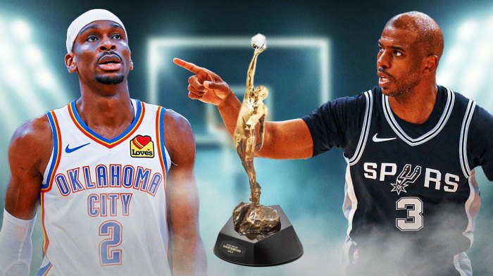 Thunder All-Star Shai Gilgeous-Alexander next to Spurs guard Chris Paul and the MVP trophy in the background