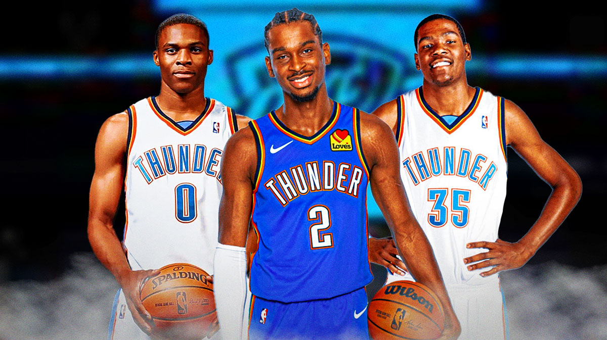 Shai Gilgeous-Alexander, Russell Westbrook and Kevin Durant in Thunder jerseys