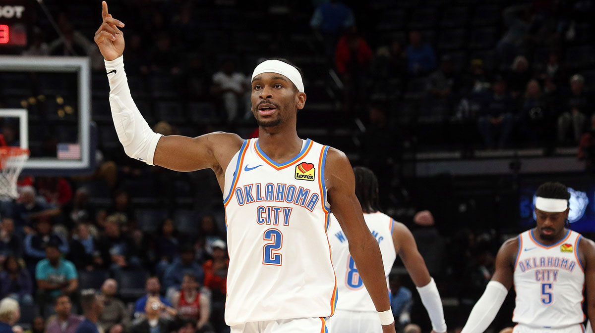 Oklahoma City Thunder Guard Shai Gilgeous-Alexander (2) reacts during the fourth quarter against Memphis Grizzlies in FedExforum. 