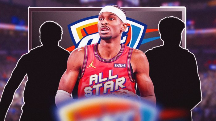 Thunder All-Star Shai Gilgeous-Alexander in between Thunder All-Star Jalen Williams (shadowed out) and Chet Holmgren (shadowed out) with a TV with the Thunder logo showing in the background