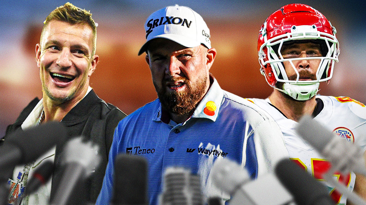 Shane Lowry front and center. Travis Kelce behind to right. Rob Gronkowski behind to left
