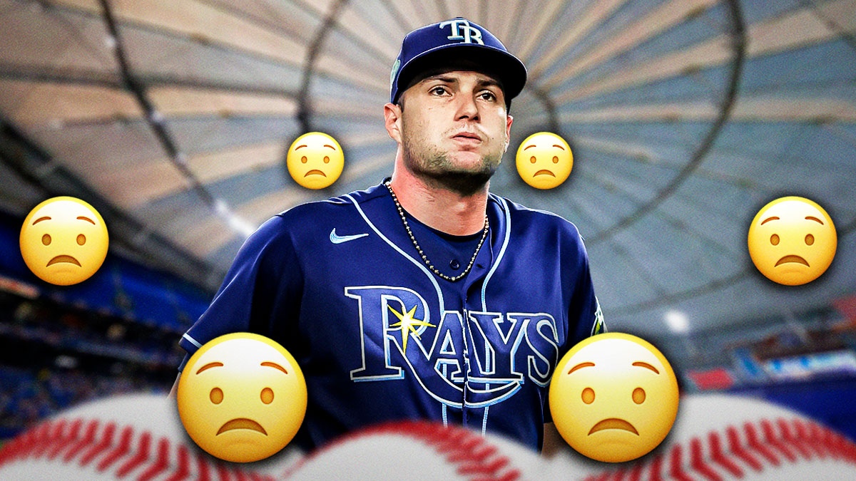 Photo: Shane McClanahan in action in Rays jersey, worried emojis around him