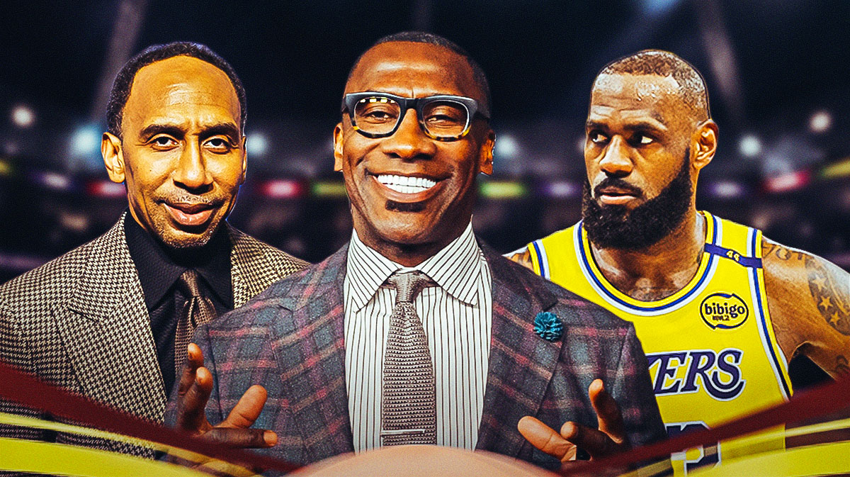 Shannon Sharpe in the middle with Los Angeles Lakers star LeBron James and Stephen A. Smith on either side in front of Crypto.com Arena.