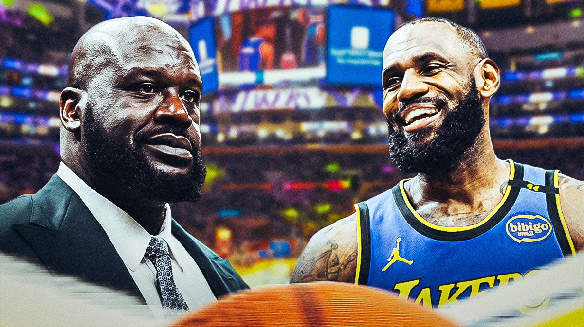 A current/recent image of former NBA player Shaquille O'Neal alongside LA Lakers player LeBron James, statue
