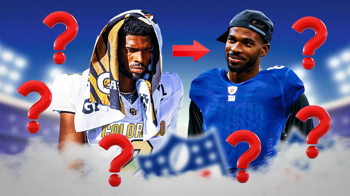 Shedeur Sanders on one side in a Colorado football uniform with an arrow pointing to Shedeur Sanders on the other side in a New York Giants uniform, a bunch of question marks in the background