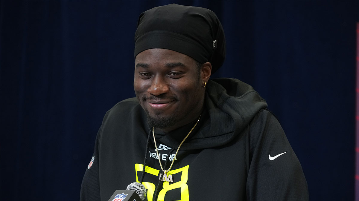 Texas A&M defensive lineman Shemar Stewart (DL68) during the 2025 NFL Scouting Combine at the Indiana Convention Center.