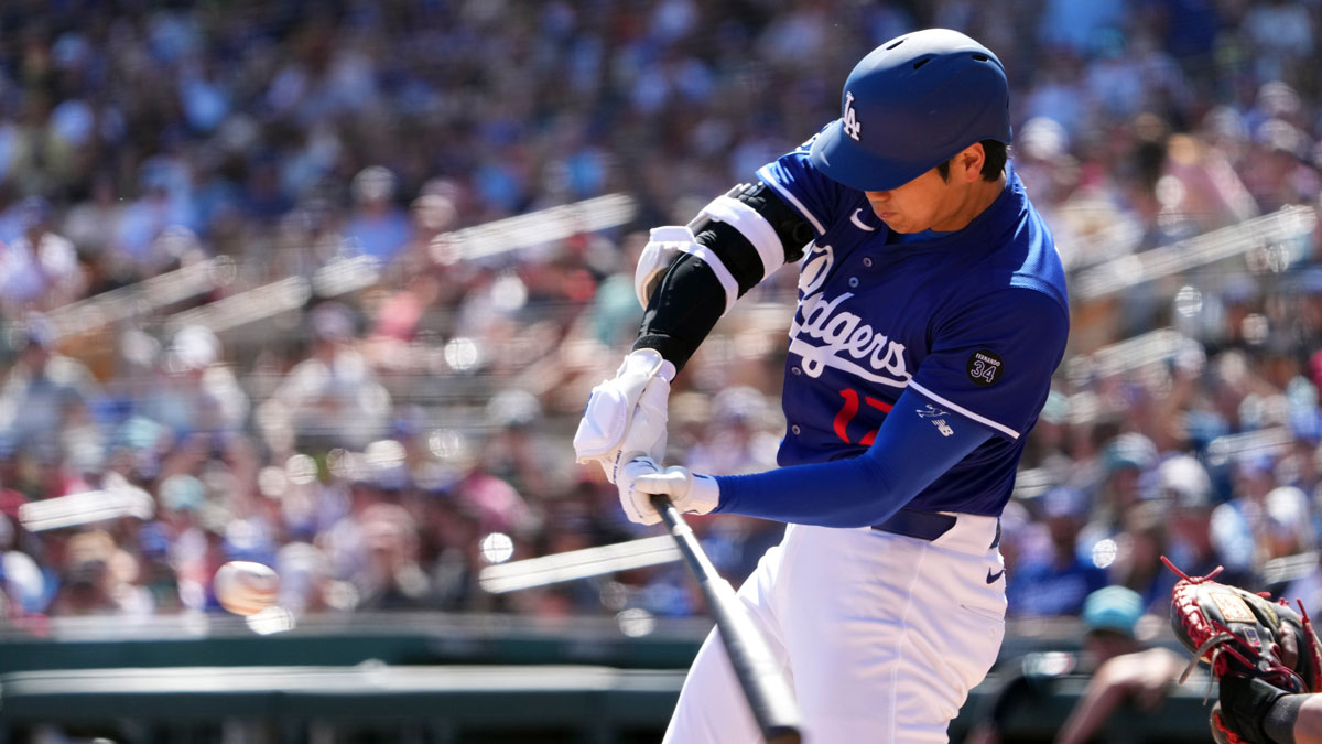 Los Angeles Dodgers two-way player Shohei Ohtani (17) bats against the Arizona Diamondbacks during the second inning at Camelback Ranch-Glendale