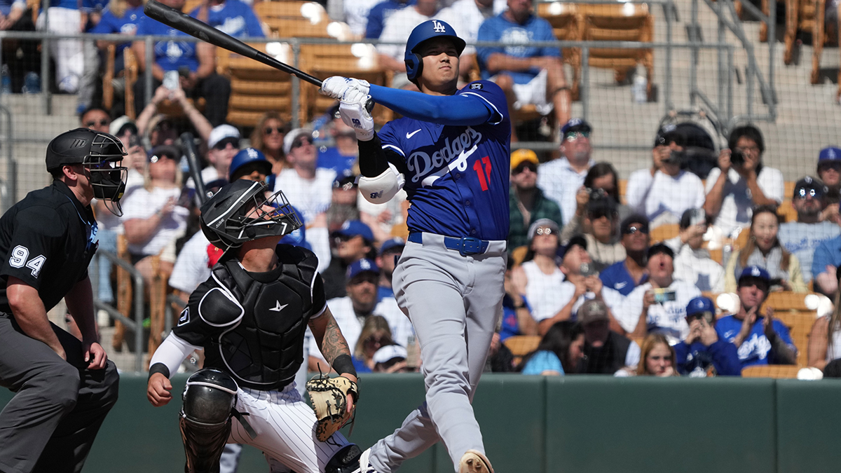 Mar 8, 2025; Phoenix, Arizona, USA; Los Angeles Dodgers DH Shohei Ohtani (17) hits against the Chicago White Sox in the third inning at Camelback Ranch-Glendale. 