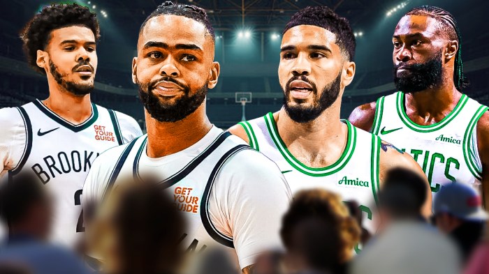 Cam Johnson and D'Angelo Russell on one side with Jayson Tatum and Jaylen Brown on the other
