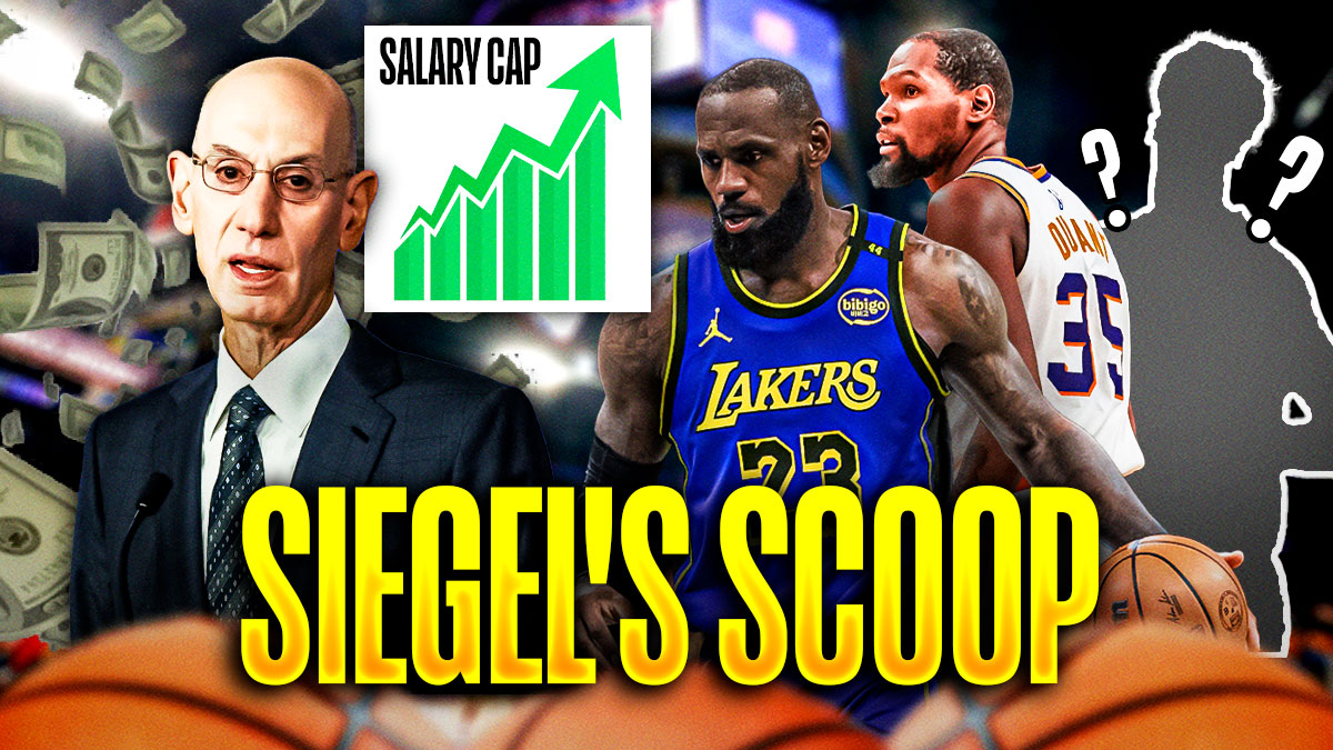 Siegel's Scoop - Adam Silver with cap numbers increasing next to LeBron James and Kevin Durant