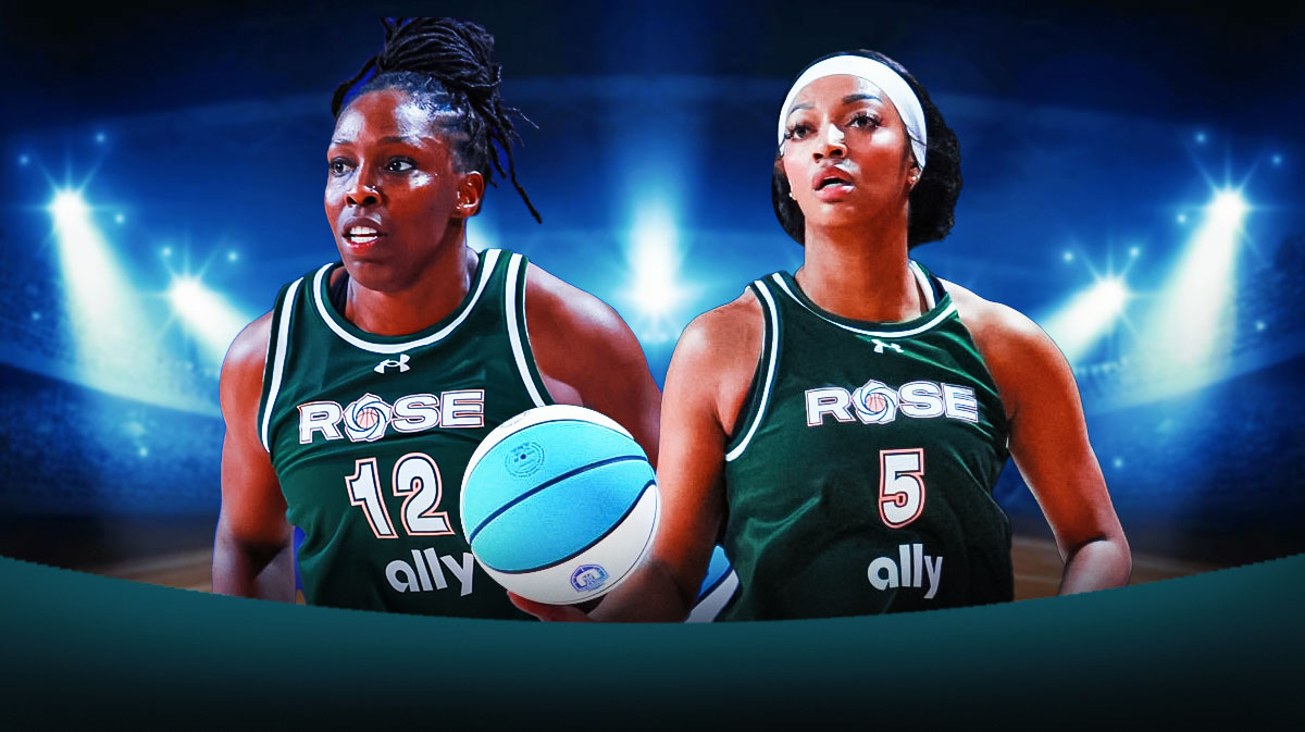 Basketball players Angel Reese and Chelsea Gray together in their Rose BC uniforms