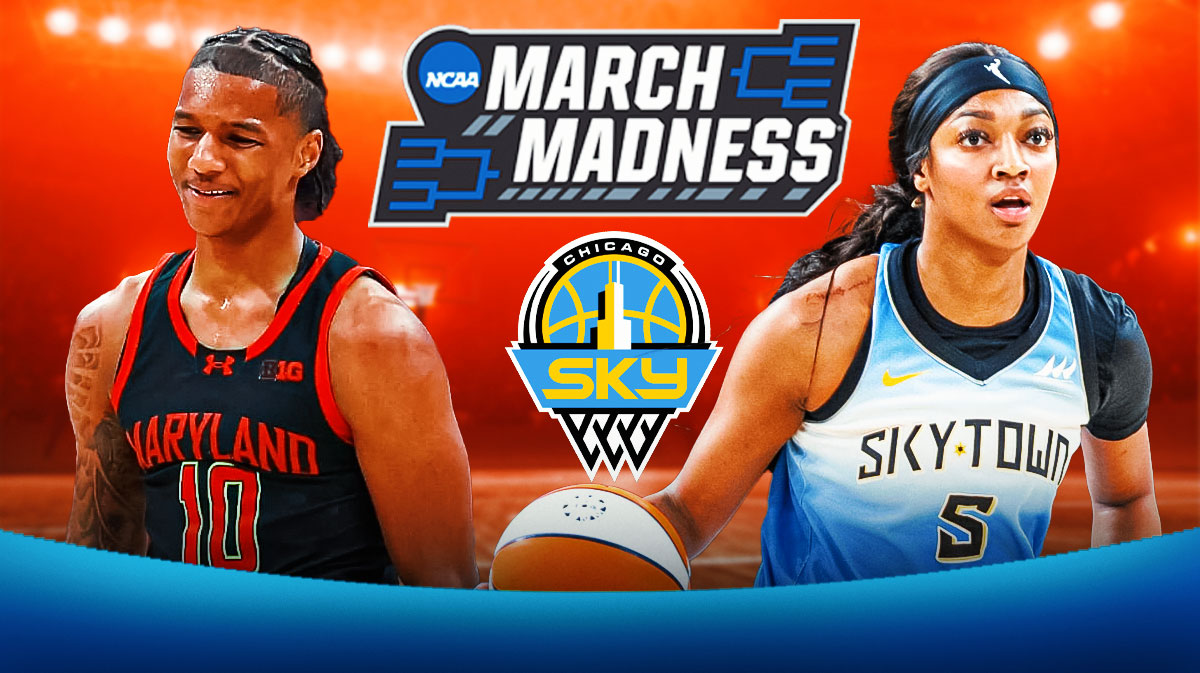 Chicago Sky forward Angel Reese next to University of Maryland forward Julian Reese. There are also logos for the Chicago Sky and March Madness.