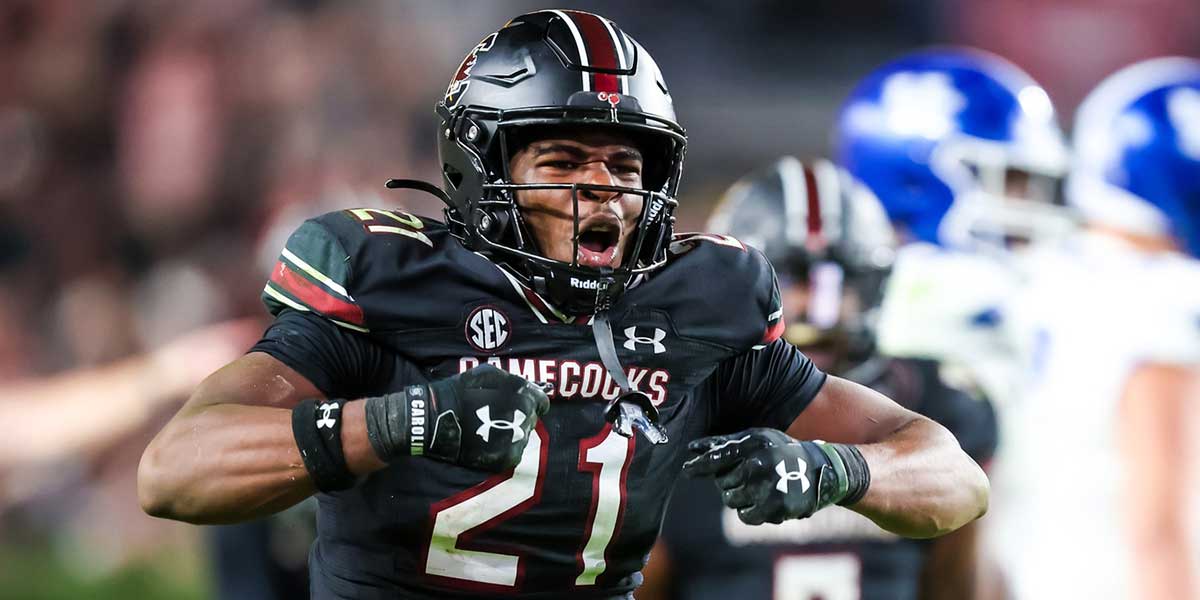 South Carolina Gamecocks defensive back Nick Emmanwori (21) celebrates a play against the Kentucky Wildcats in the second half at Williams-Brice Stadium.