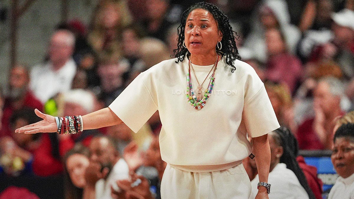 Mar 21, 2025; Columbia, South Carolina, USA; South Carolina head coach Dawn Staley during the first half against the Tennessee Tech Golden Eagles at Colonial Life Arena. Mandatory Credit: Jim Dedmon-Imagn Images