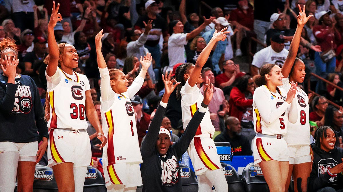 The South Carolina Gamecocks bench reacts to a play against the Indiana Hoosiers in the second half at Colonial Life Arena.