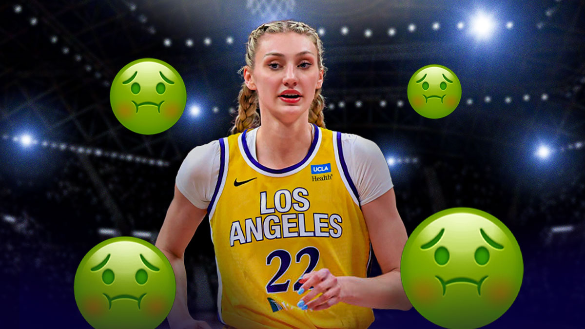 WNBA Los Angeles Sparks player Cameron Brink in her Los Angeles Sparks jersey, with the icky face emoji