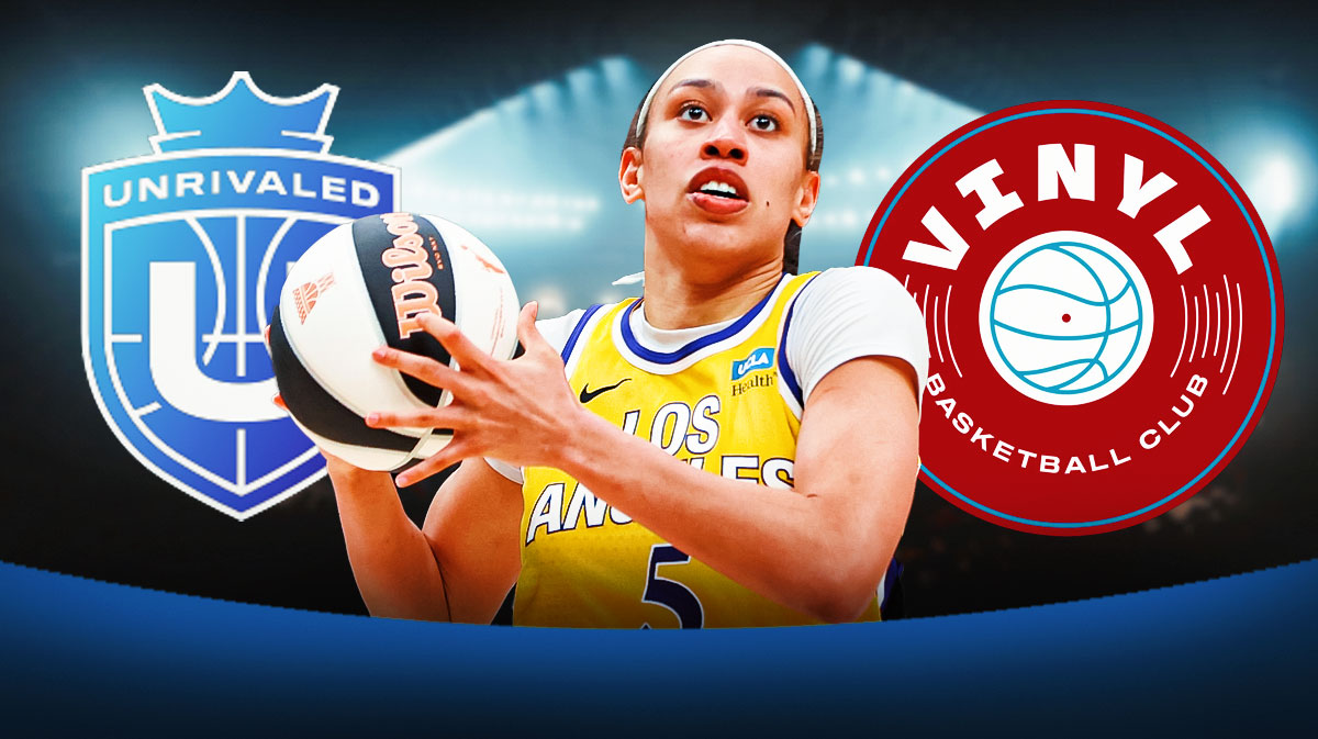 WNBA Los Angeles Sparks player Dearica Hamby. playing basketball, with the Unrivaled Basketball League “Vinyl” team logo