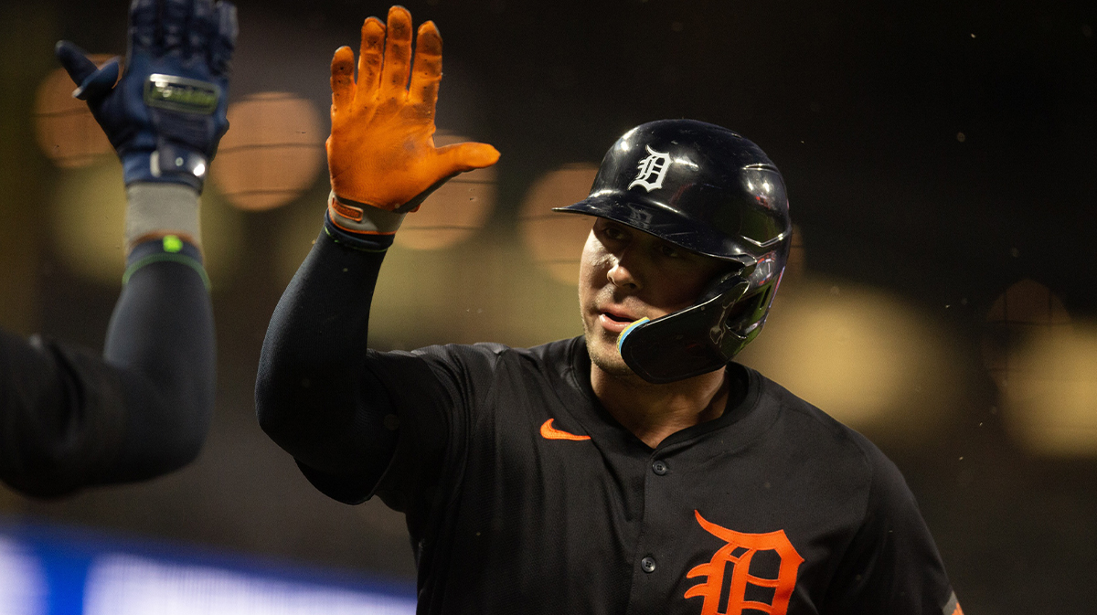Detroit Tigers first baseman Spencer Torkelson (20) gets a high five after hitting a solo home run against the San Francisco Giants during the fourth inning at Oracle Park.