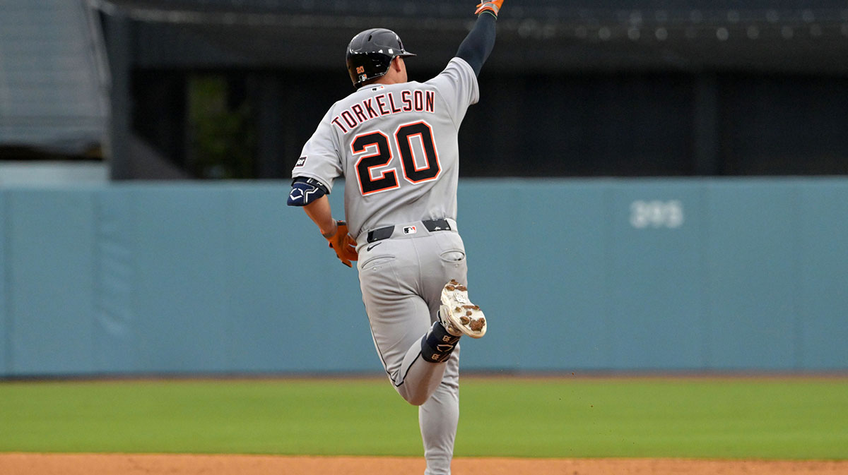 Detroit Tigers first base Spencer Torkelson (20) reacts after hitting a solo home run against the Los Angeles Dodgers during the seventh inning at Dodger Stadium.