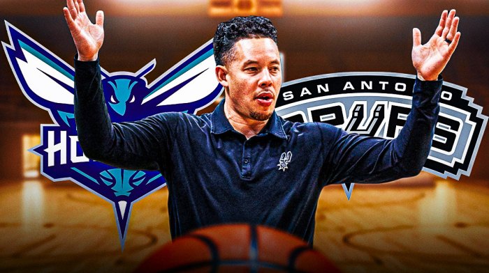 Featured Image: Mitch Johnson looking disappointed image, Spurs logo, Hornets logo