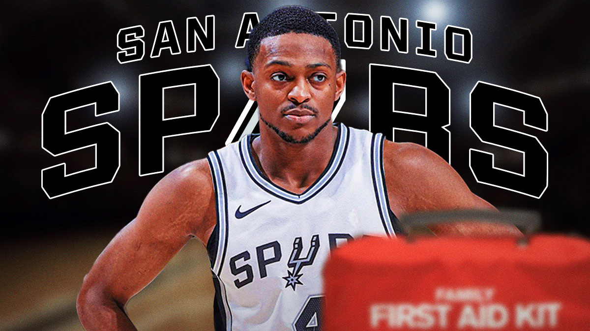De'Aaron Fox candid-looking image if applicable, a bandage or something that indicates injury or and injured finger, Spurs logo, how about a calendar in the background?