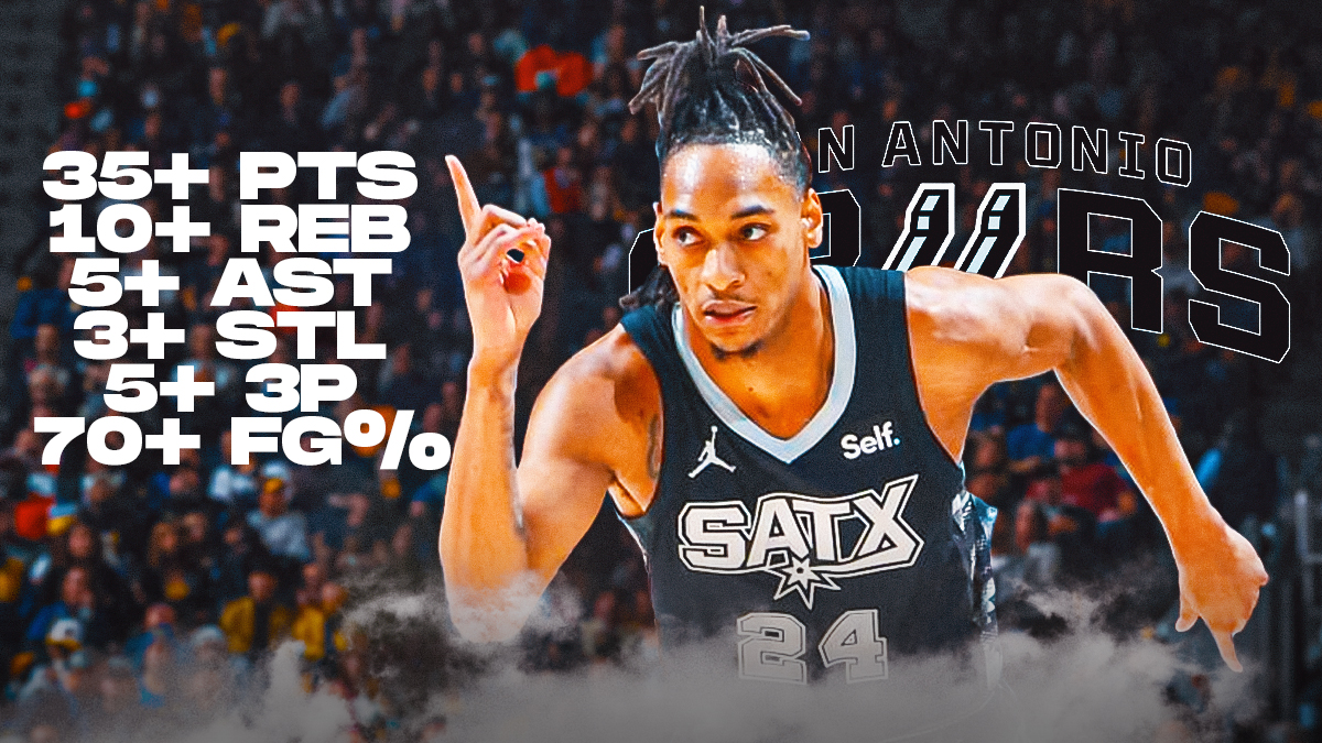 Devin Vassell looking fired up, Spurs logo, how about an image that shows these numbers: 35+ PTS 10+ REB 5+ AST 3+ STL 5+ 3P 70+ FG%