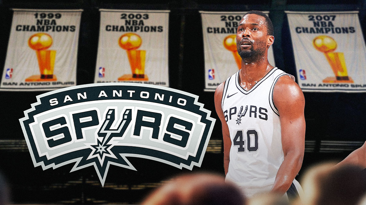 Spurs logo, Harrison Barnes image, image of Spurs championship banners