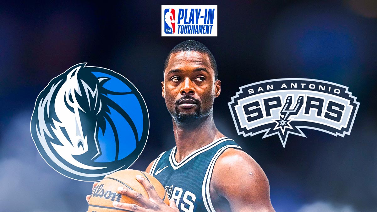 Harrison Barnes looking concerned logo, Spurs logo, Mavericks logo, NBA Western Conference Play-in logo