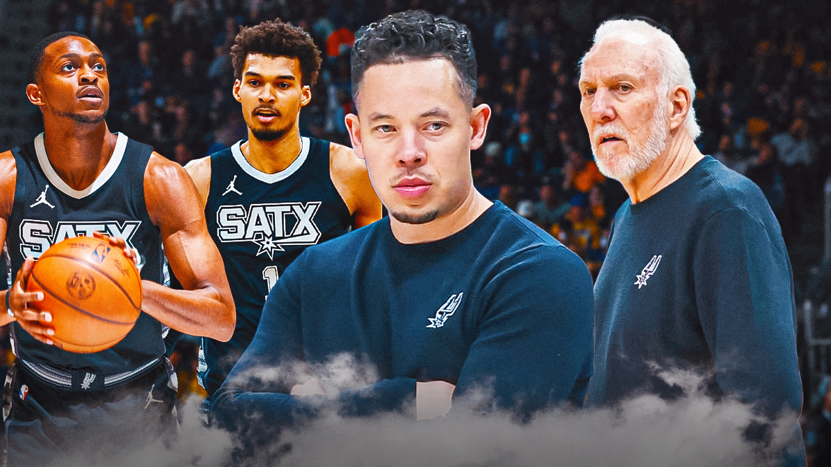 Mitch Johnson looking content image, Spurs logo, Gregg Popovich, Victor Wembanyama and De'Aaron Fox images in the background