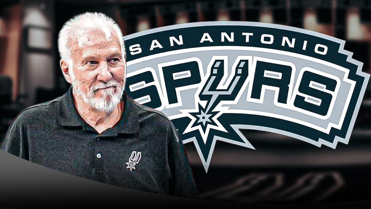 Gregg Popovich smiling image, Spurs logo, a background image that indicates a team locker room