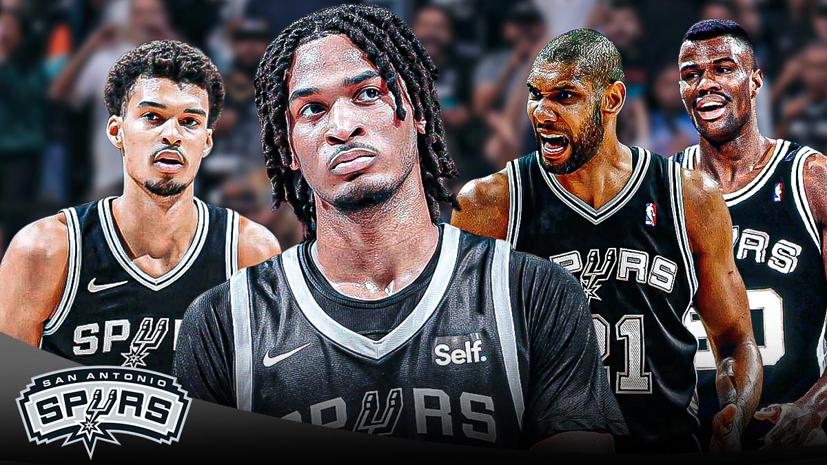 Stephon Castle looking content image, Spurs logo, Tim Duncan, Victor Wembanyama and David Robinson images in the background of Castle