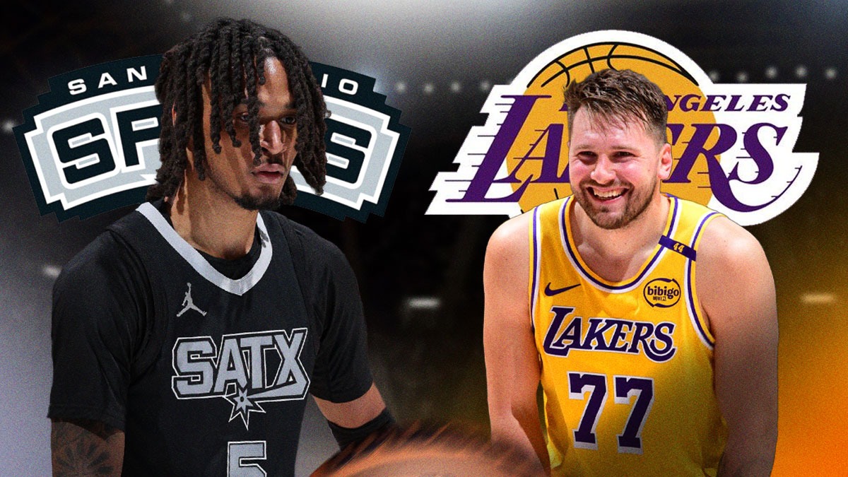 Stephon Castle looking frustrated image, Luka Doncic sly looking image. Spurs logo, Lakers logo